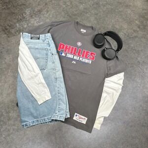 Majestic Philadelphia Phillies 2008 MLB Playoffs T-Shirt Grey Mens XL Y2K Boxy